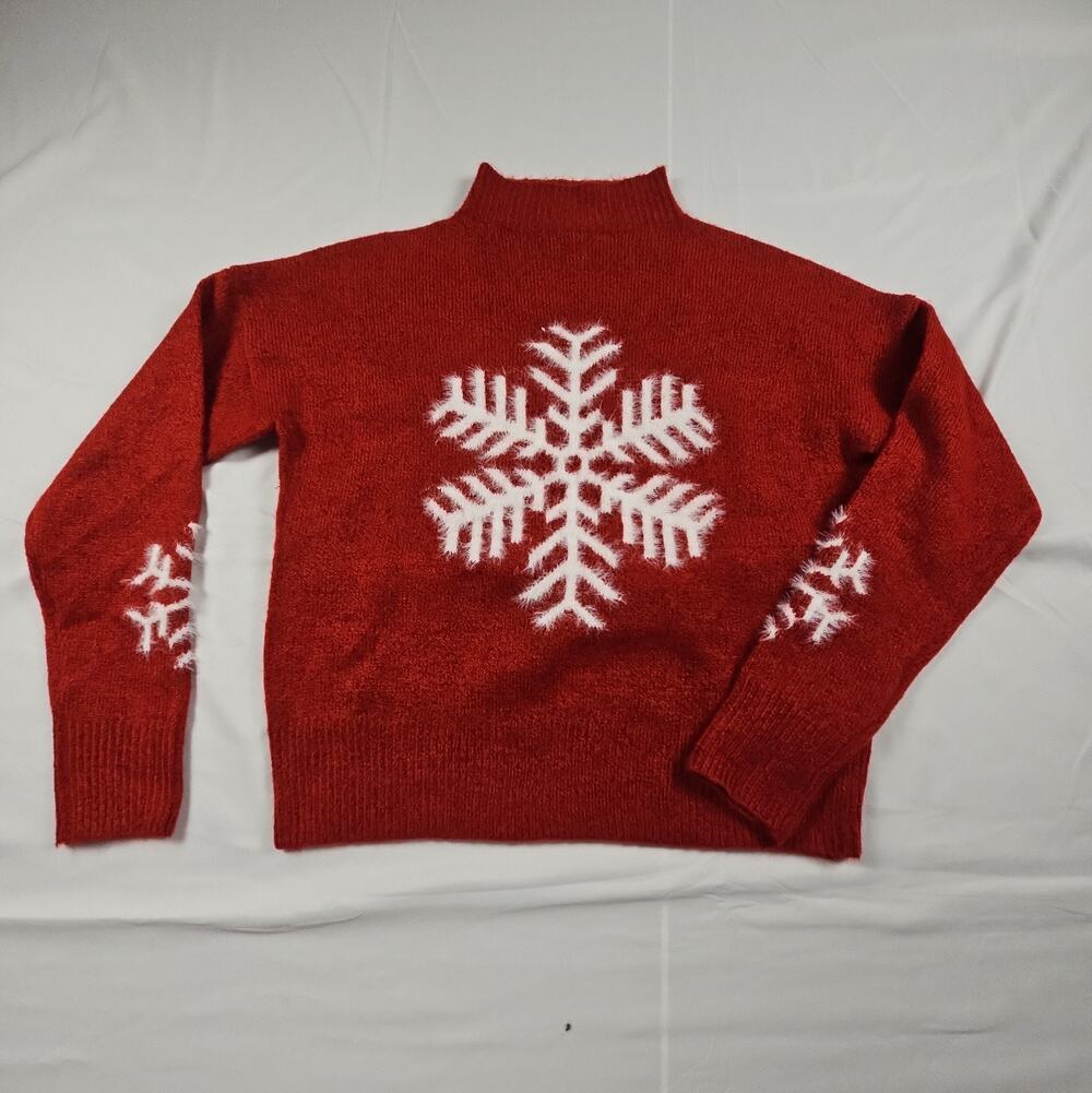Womens XS Red Snowflake Sweater Fuzzy Knit Mock Neck Holiday by Jessica Simpson